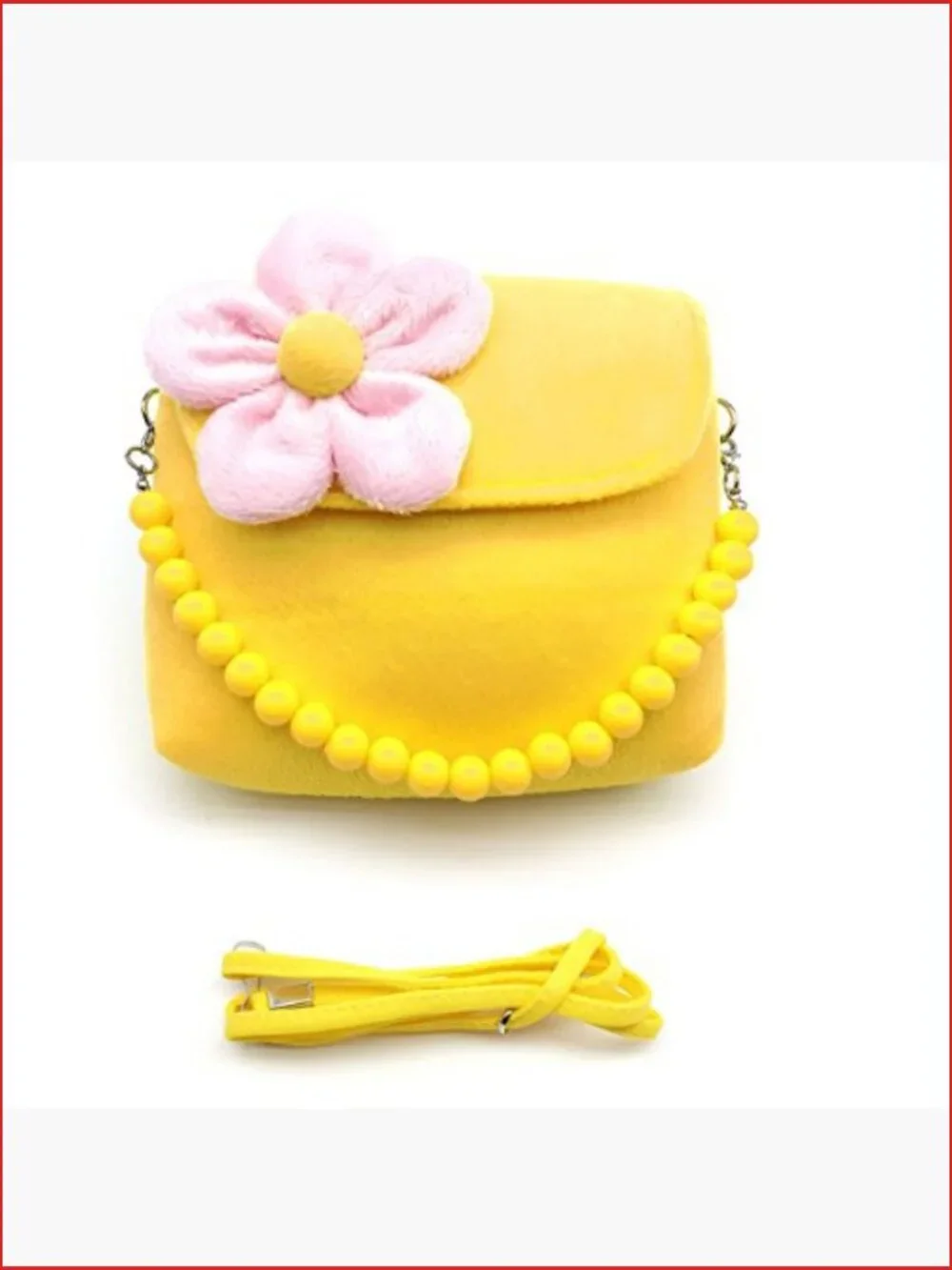 Plush handbag with shoulder strap, clip-on earrings, beaded necklace and